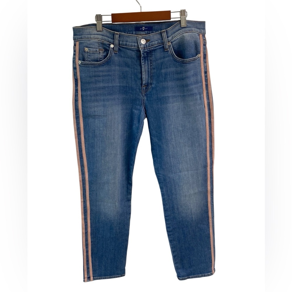 7 For All Mankind Roxanne Blue Skinny Jeans‎ with Pink Side Strips Ladies 32